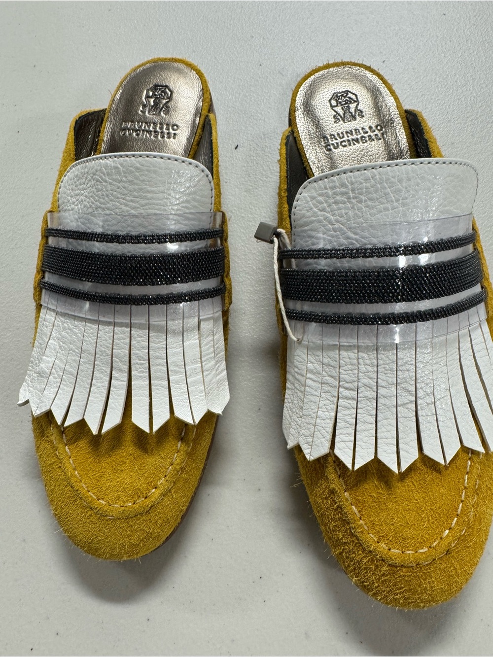 Brunello Cucinelli Women’s Mustard Suede and White Fringe Slip-On Loafers | EU37